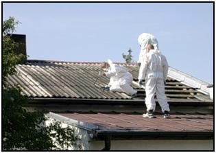 Zdjęcie 9 Przykład prawidłowego postępowania przy demontażu pokrycia dachowego z eternitu, pracownik