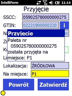 Podgląd zawartości ekranu terminala podczas identyfikacji palety Numer SSCC palety zarejestrowanej w systemie WMS MASTA jest powiązany z informacjami o zawartości palety, czyli o znanych systemowi