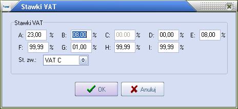2. W wyświetlonym oknie istnieje możliwość wprowadzenia 9 stawek VAT w tym jednej zwolnionej. 3. Po uzupełnieniu odpowiednich pól należy wybór zatwierdzić przyciskiem OK. 4.