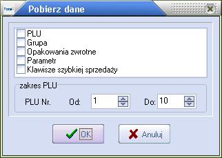 2. W wyświetlonym oknie istnieje możliwość wyboru elementów, jaki mają być pobrane z kasy oraz ich zakresu. 3.