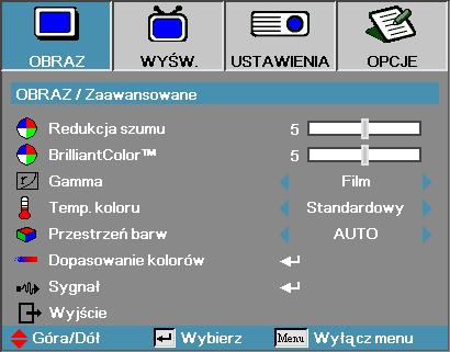 Obraz Zaawansowane Redukcja szumu Adaptacyjna redukcja szumu dla filmu redukuje ilość widocznych zakłóceń dla sygnałów z przeplotem. Zakres regulacji wynosi 0 do 10. (0=Wył.