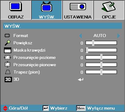 Wyśw. Format Skorzystaj z tej funkcji, by wybrać żądaną proporcję obrazu. 4:3: Format ten przeznaczony jest dla źródeł wejściowych 4x3 nierozszerzonych do telewizji szerokoekranowej.