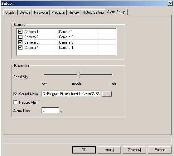 3.3.7. Alarm Setup Okno ustawień alarmu.