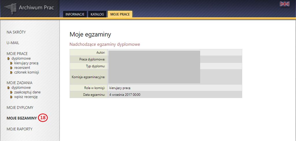 Ponadto w zakładce MOJE PRACE na stronie głównej Moje prace i zadania nad kolumną Prace dyplomowe, dodatkowo będzie widoczna kolumna Nadchodzące egzaminy (19), zawierająca listę