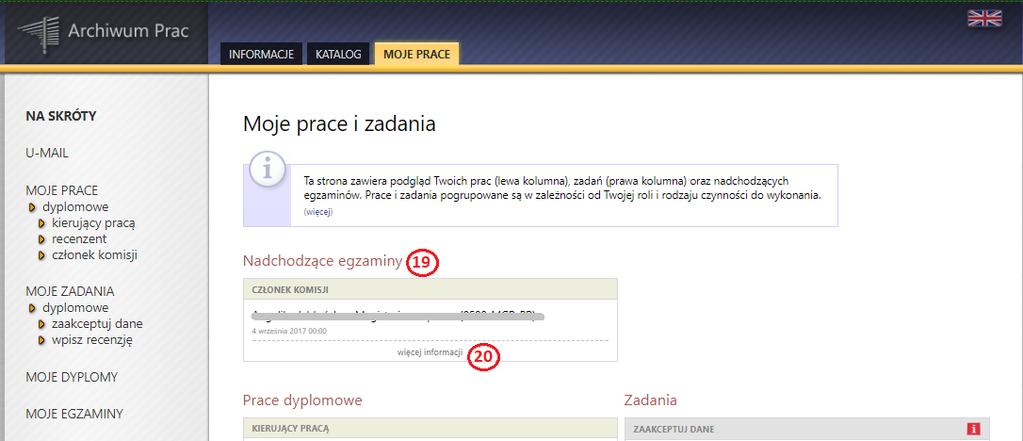 Po kliknięciu na więcej informacji (20) w danej tabeli nastąpi przekierowanie do strony MOJE EGZAMINY. 6.