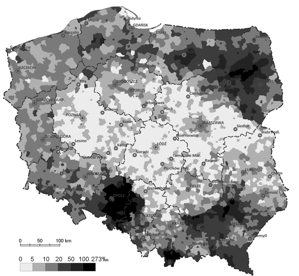 Prawidłowości zróżnicowań przestrzennych emigracji zagranicznej z Polski po 1989 r. 47 zmiennymi, obliczone dla 2479 gmin, dają stosunkowo wysoką wartość R 2 =0,63, a dla 379 powiatów R 2 =0,54.