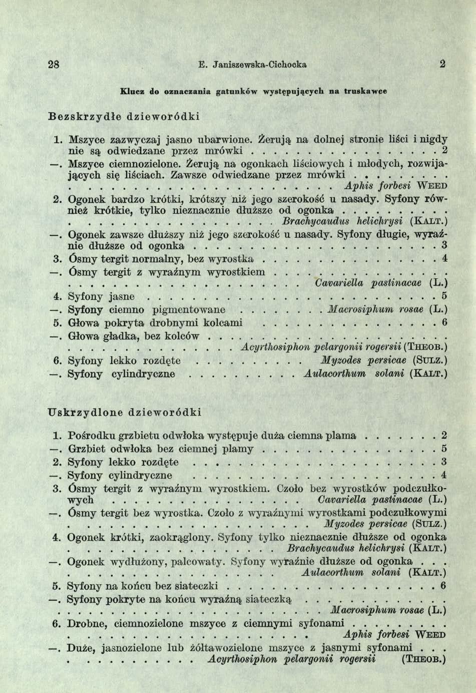 28 E. Janiszewska-Cichocka 2 K lu c z do o z n a c z a n ia g a tu n k ó w w y stę p u ją c y c h n a tru sk a w c e Bezskrzydłe dzieworódki 1. Mszyce zazwyczaj jasno ubarwione.