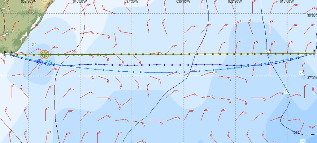 Bernard Wiśniewski, Tadeusz Korwin-Piotrowski, Mirosław Wielgosz, Szymon Siódmak Fig. 2. Predicted ship s positions on different analyzed routes and weather impact on 22.03.