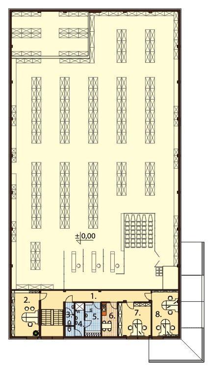 Rzut poddasza w sugerowanym projekcie Poddasze: 117,72 m 2 1. Komunikacja 31,96 m 2 2. Biuro 18,92 m 2 3. WC 3,2 m 2 4. Łazienka 7,04 m 2 5. Pomieszczenie socjalne 9,56 m 2 6.