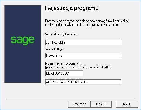 Instalacja programu Sage Symfonia 2.0 e-deklaracje 4 Rys. 7 Okno instalatora strona Rejestracja programu.