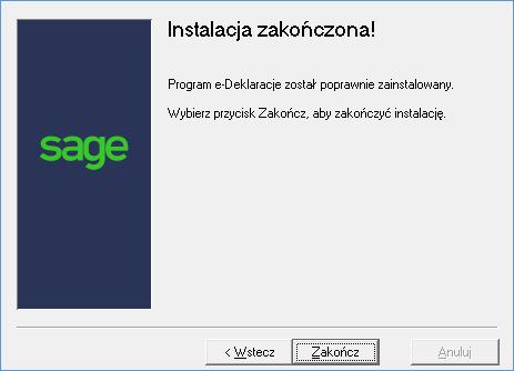 danych z programem Finanse i Księgowość, a następnie strona Instalacja zakończona. Wybranie przycisku polecenia Zakończ kończy proces instalacji programu Sage Symfonia 2.0 e-deklaracje.