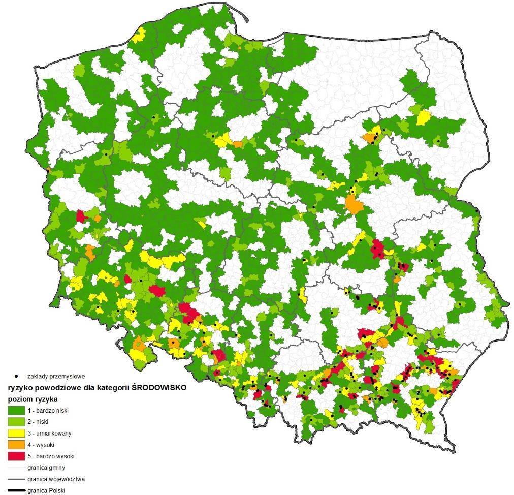 Zakłady przemysłowe a poziom ryzyka powodziowego dla kategorii środowisko Rozkład ryzyka powodziowego w kategorii