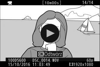 Oglądanie filmów Filmy są oznaczone ikoną 1 podczas odtwarzania w widoku pełnoekranowym (0 184). Stuknij w ikonę a na monitorze lub naciśnij J, aby rozpocząć odtwarzanie.