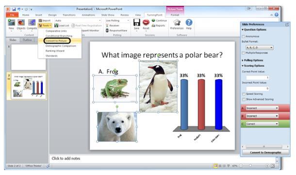 4. Zmień rozmiar i odpowiednio rozmieść obrazki tak aby były odpowiednio wyświetlane na slajdzie 5. Aby odpowiednio powiązać obrazy z pytaniami wykonaj następujące kroki a.