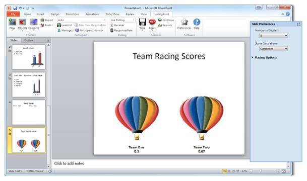 RACIND LEADER BOARD (LISTA WYŚCIGOWA NAJLEPSZYCH) Tego typu slajd pokazuje wyniki drużyn w sposób obrazowy. Obraz, który ma reprezentować drużyny może być wybrany w panelu Slide Preferences.