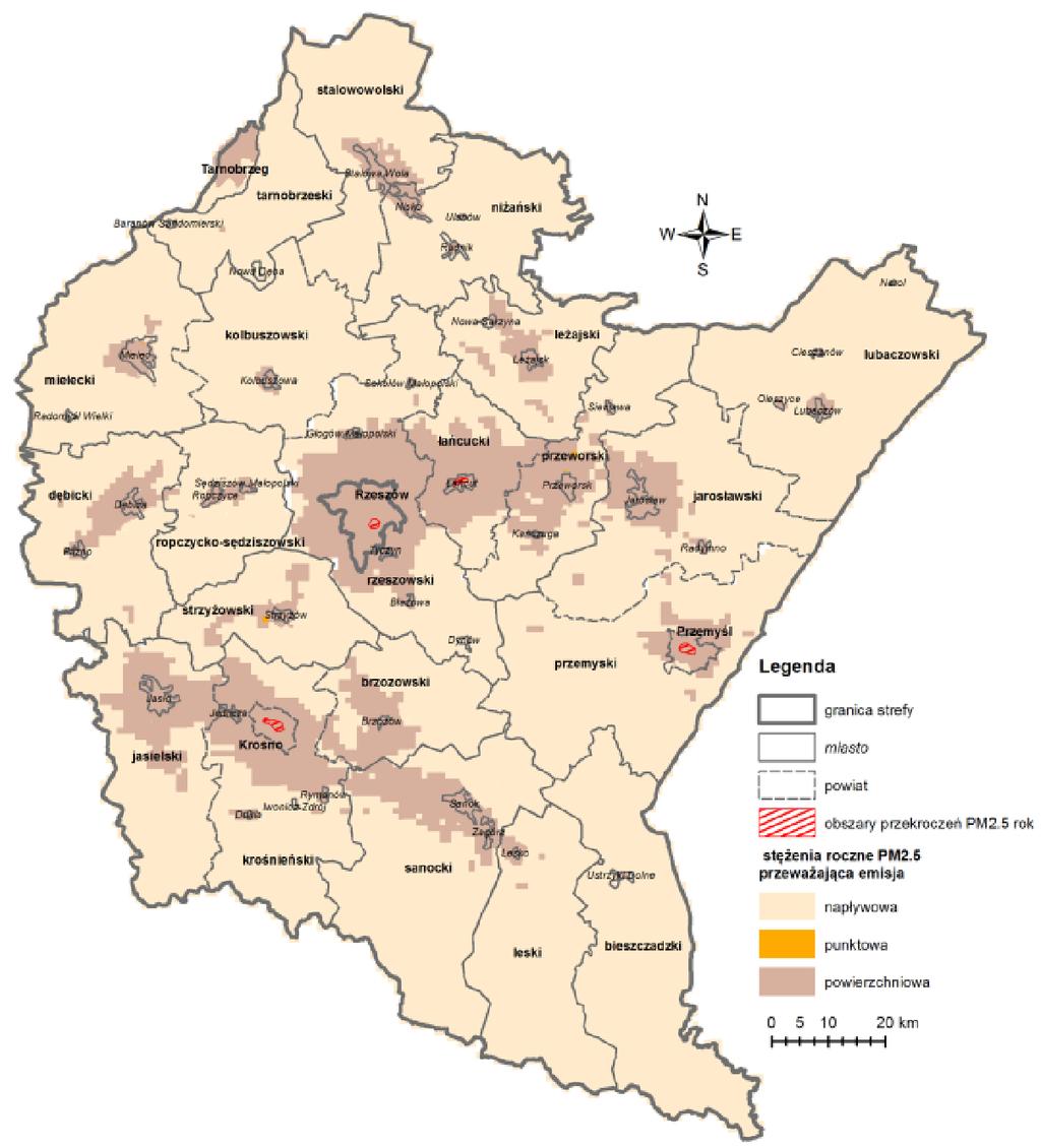 Rysunek 16. Rozkład stężeń średniorocznych pyłu PM2.5 w województwie podkarpackim w roku 2014 (WIOŚ) Rysunek 17.