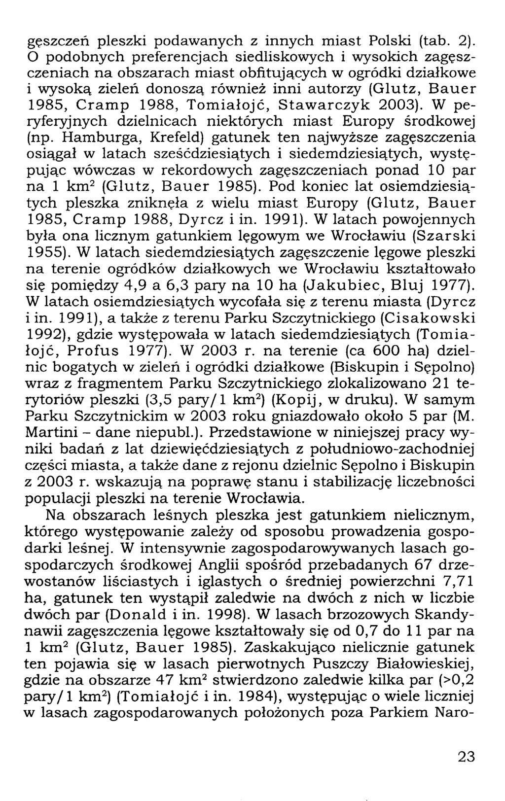 gęszczeń pleszki podawanych z innych miast Polski (tab. ).