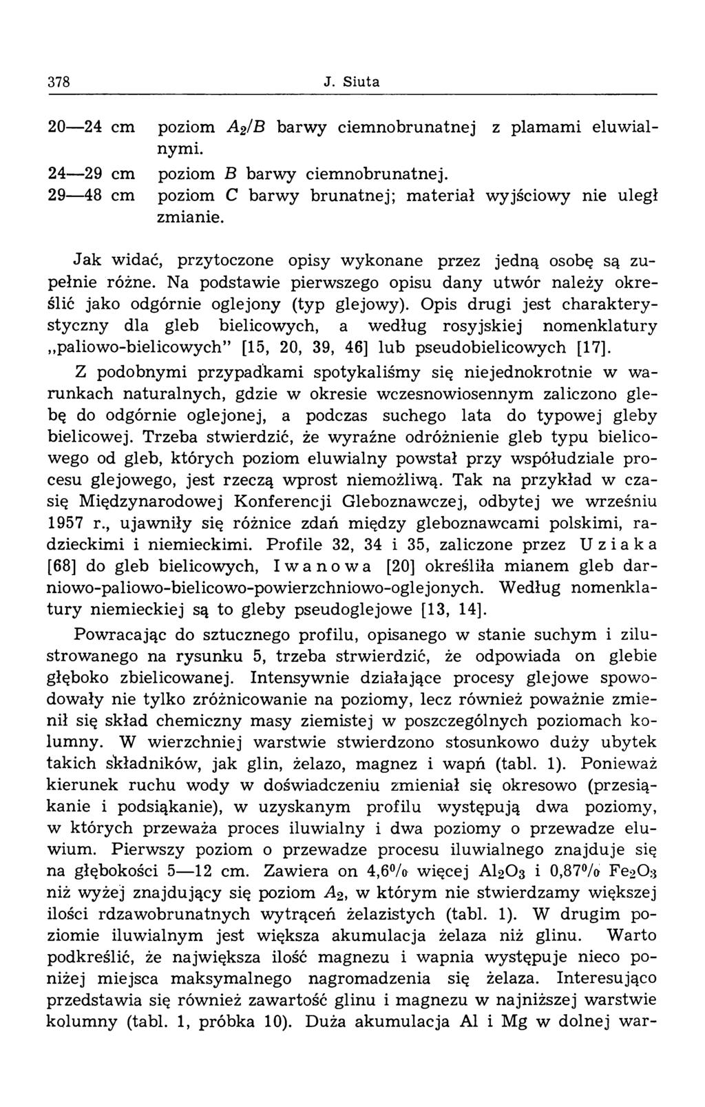 378 J. Siuta 20 24 cm poziom A 2IB barw y ciem nobrunatnej z plam am i eluw ialnymi. 24 29 cm poziom В barw y ciem nobrunatnej.