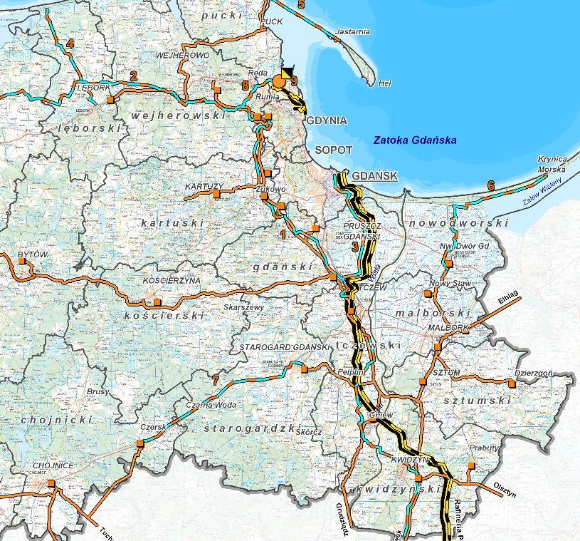 Rys. 5.1 Aktualny i projektowany przebieg gazociągów przesyłowych wysokiego ciśnienia na terenie województwa pomorskiego 5.