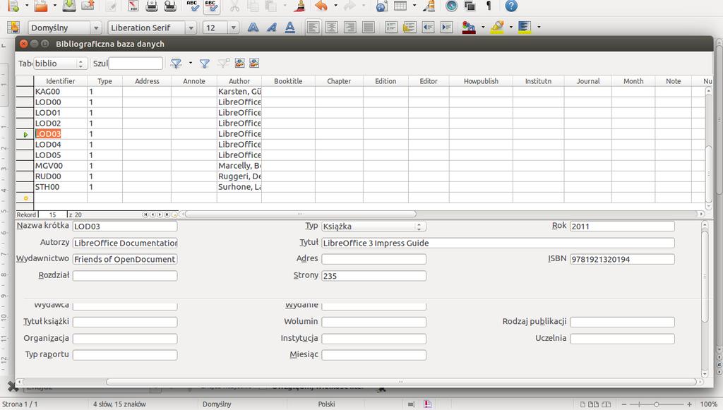 Podsumowanie Il. 7. Bibliograficzna baza danych aplikacji LibreOffice Writer.