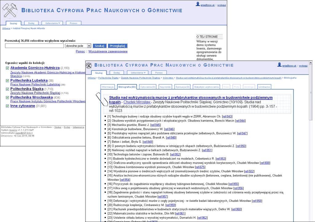 Il. 1. Przykład zastosowania systemu Invenio do udostępniania danych bibliograficznych.