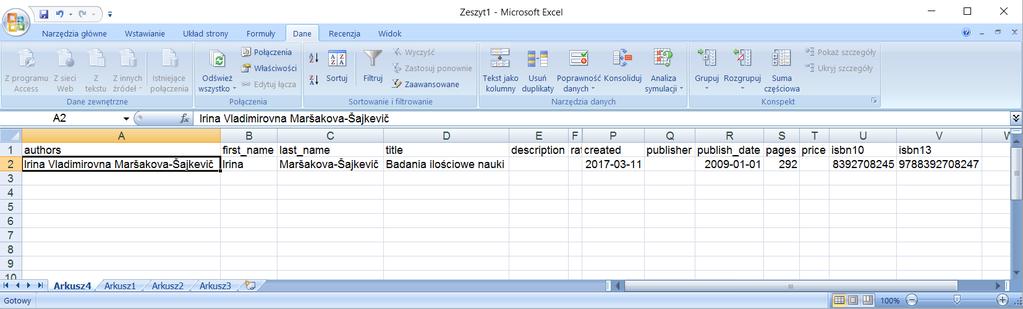 Il. 4. Przykład arkusza wyeksportowanego z systemu Libib. Innymi popularnymi systemami podobnymi do Libib są Inventaire (https://inventaire.io) oraz LibraryThing (https://www.librarything.com).