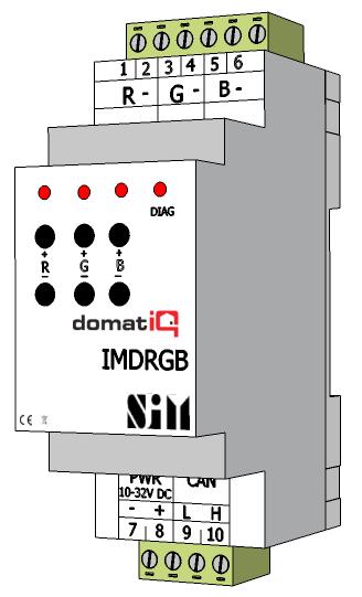 Katalog modułów AKTORY IMDRGB Sterownik RGB PWM z wyjściami 3 x 10 A Moduł typu IMDRGB posiada 3 kanały z wyjściem PWM w zakresie od 0 do 10 A Może pracować jako sterownik LED RGB lub jako 3 kanałowy
