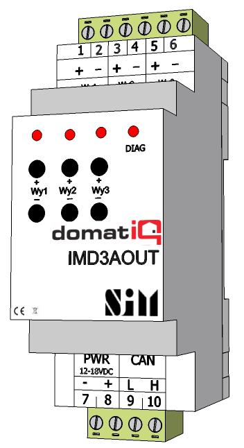 Katalog modułów AKTORY IMD3AOUT Moduł wyjść napięciowych 1-10 V Moduł do sterowania 1-10 V, do montażu na szynie DIN, szerokość 2M Moduł typu IMD3AOUT posiada 3 kanały z wyjściem napięciowym w