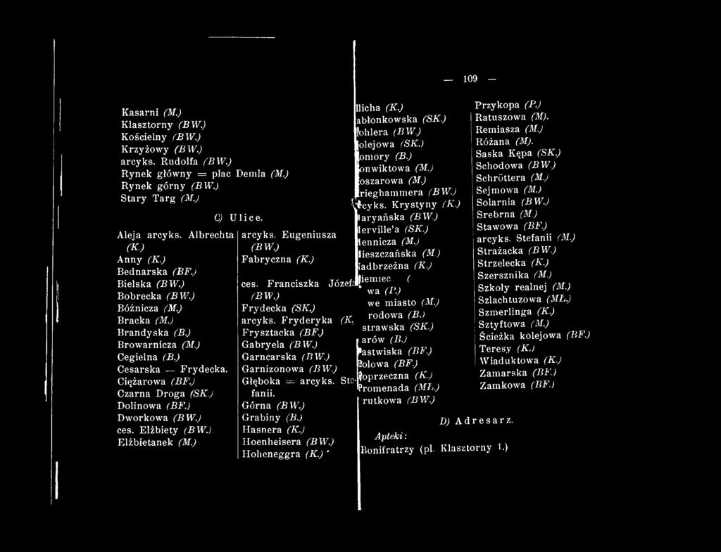 ) ^rieghammera (BW.) ^łcyks. Krystyny (K.) laryańska (B W ) [erville a (SK.) lennicza (M.) lieszczańska (M) ladbrzeżna (K.) ces. Franciszka Józef?