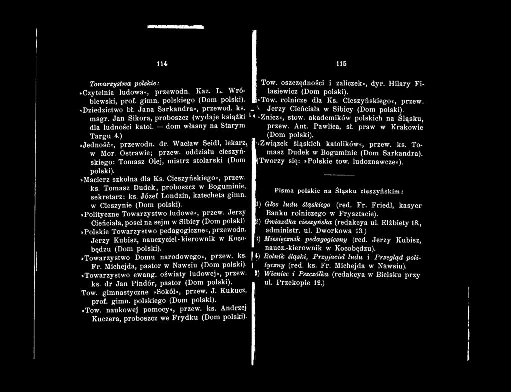 oddziału cieszyńskiego: Tomasz Olej, mistrz stolarski (Dom polski).»macierz szkolna dla Ks. Cieszyńskiego«, przew. ks. Tomasz Dudek, proboszcz w Boguminie, sekretarz: ks.