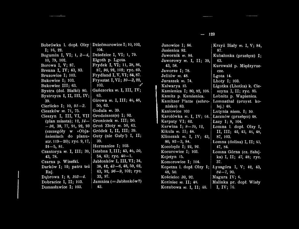 9,17, 24-5, 81. Czantorya w. I, III; 39, 43, 78. Czarna p. Wisełki. Darków I; 12; patrz też Raj. Dąbrowa I; 8, 103 4. Dobracice I, II; 103. Domasławice I; 103. Dziećmarowice I; 10,103, 104.