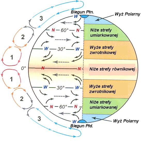 Równik otrzymuje więcej nasłonecznienia niż bieguny, dlatego temperatura w rejonie równika jest wyższa niż na biegunach.