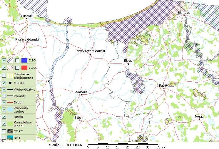 Rysunek 6.1. Położenie obszaru objętego Projektem w ramach obszarów Natura 2000 Źródło: www.natura2000.mos.gov.pl Walory lokalizacyjne Projekt Pętla Żuławska rozwój turystyki wodnej.