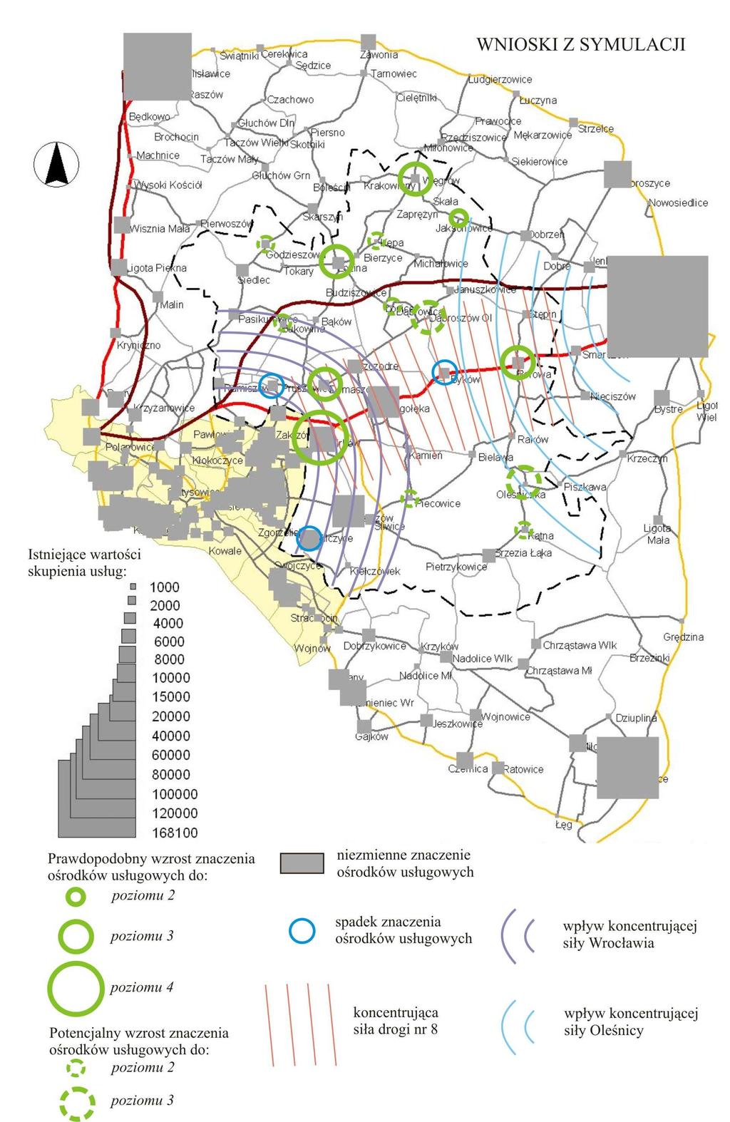 Analiza symulacyjna wnioski Na układ obecnych oraz perspektywicznych ośrodków usługowych wpływa : - siła