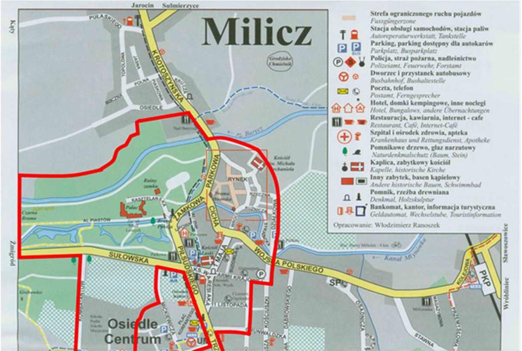 ul Wrocławska, ul. Wojska Polskiego (nie wchodzi do obszaru rewitalizacji), ul. Kościuszki, ul. Armii Krajowej, ul. Grota-Roweckiego, ul. Grunwaldzka, ul. Trzebnicka, ul.