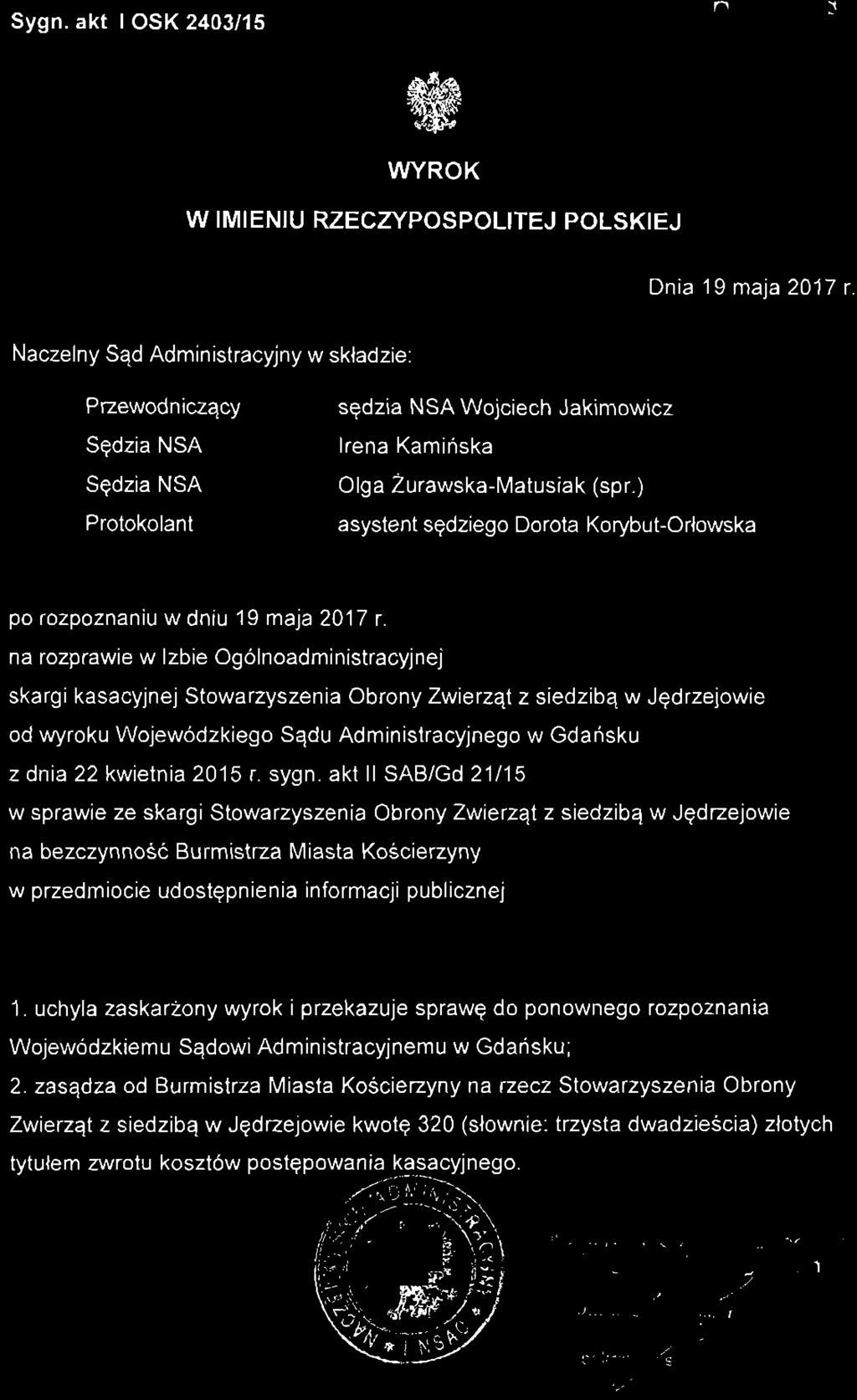 ODPIS WYROK W IMIENIU RZECZYPOSPOLITEJ POLSKIEJ Dnia 19 maja 2017 r.