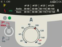 Budowa i działanie Spawanie elektrodą otuloną 5.2.2 Wybór zadania spawalniczego Typ Rutile Basic Typ elektrody rutylowa zasadowa Rys. 5-7 5.2.3 Hotstart Funkcja Hotstart poprawia zajarzanie łuku.