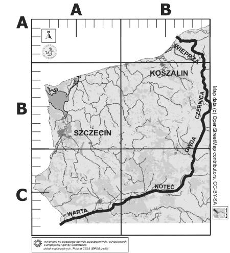 Ryc. 1. Zasięg projektu Zachodniopomorski Atlas Rozmieszczenia Roślin Naczyniowych i Grzybów (ZARRiG). w miarę możliwości będą ręcznie do niej geolokalizowane, na podstawie opisu lokalizacji.