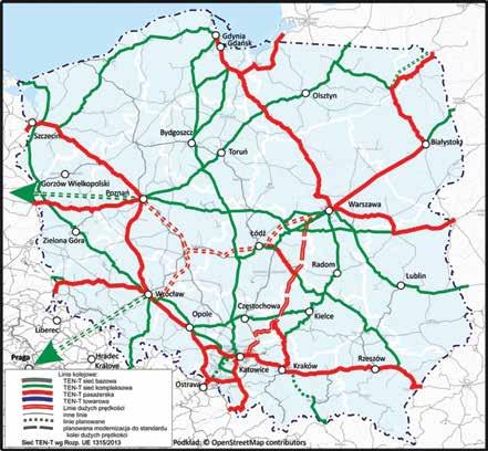 Rys. 1. Transeuropejska sieć transportowa bazowa pasażerska z liniami dużej prędkości na tle sieci kompleksowej wg Rozporządzenia UE 1315/2013 [13].