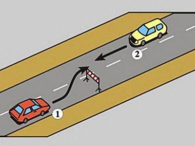 W tej sytuacji kierujący pojazdem 1: a. może nie włączać kierunkowskazu przed ominięciem przeszkody b.