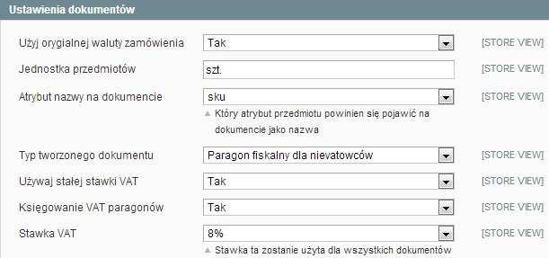 Ustawienia dokumentów Opis konfiguracji: Użyj oryginalnej waluty zamówienia Twórz dokumenty używając waluty zamówienia, zamiast waluty sklepu.