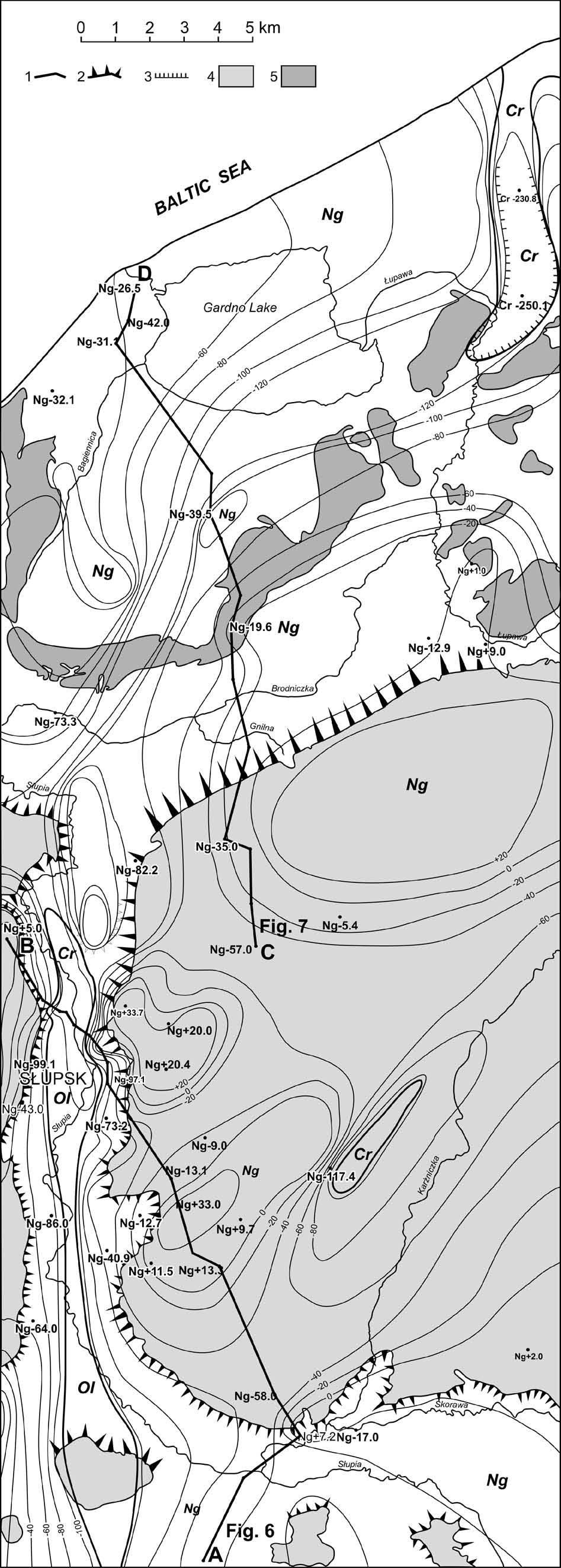 110 K. PETELSKI Fig. 5. Re lief of sub-qua ter nary strata in the Gardno Low land and S³upsk re gion; lo ca tion of geo log i cal cross-sec tions from Fig - ures 6 and 7.