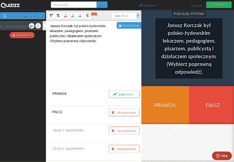 Do pustego okna, znajdującego się pod literkami (umożliwiają edycję tekstu wielkość, kolor oraz wybór znaków specjalnych), wprowadzamy treść pytania/zadania.