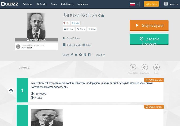 W tym przypadku wybrano opcję Zadanie Domowe, co pozwoliło na ustawienie daty. To okno umożliwia także zmianę ustawień pytań i gry.