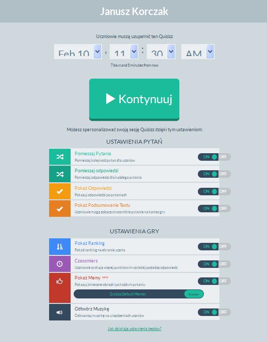 testu pojawi się podsumowanie. Będzie też widział ranking i memy, zyskiwał lepszą punktację za udzielenie szybkiej odpowiedzi oraz słyszał muzykę. Każde z tych ustawień można zmienić.