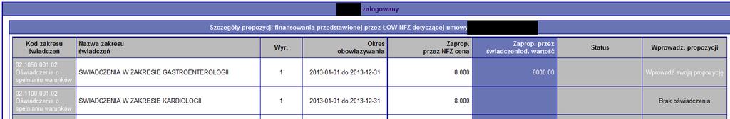 Informacja o wprowadzonej przez użytkownika propozycji 4. W analogiczny sposób prosimy postępować dla wszystkich zakresów objętych umową.