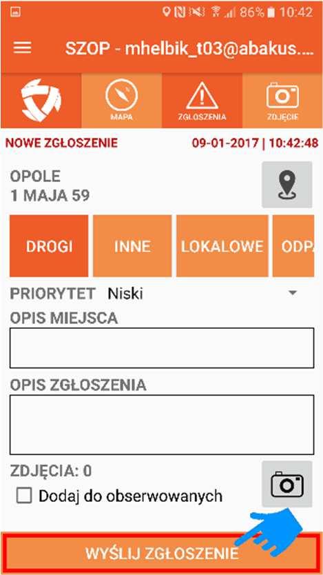 5.1 JAK ZGŁOSIĆ PROBLEM Z APLIKACJI MOBILNEJ Tak jak w aplikacji www możesz to zrobić jako: użytkownik niezarejestrowany podając tylko swój adres e-mail i klikając w opcje URUCHOM, lub użytkownik