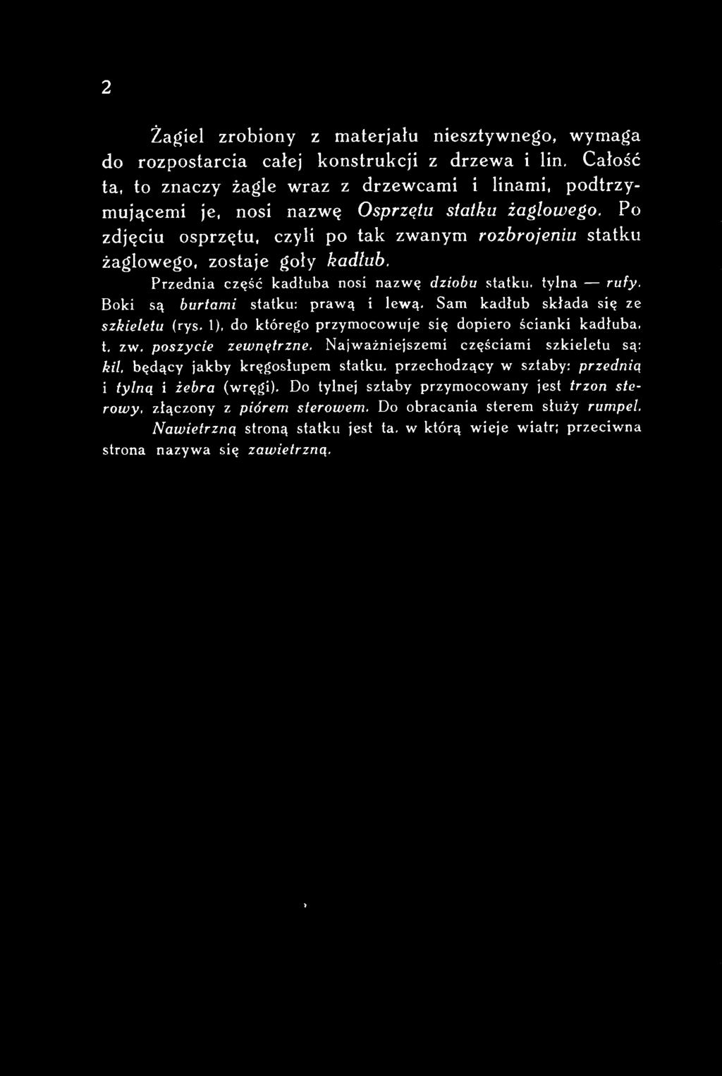 1), do którego przymocowuje się dopiero ścianki kadłuba, t. zw. poszycie zewnętrzne. Najważniejszemi częściami szkieletu są: kil.
