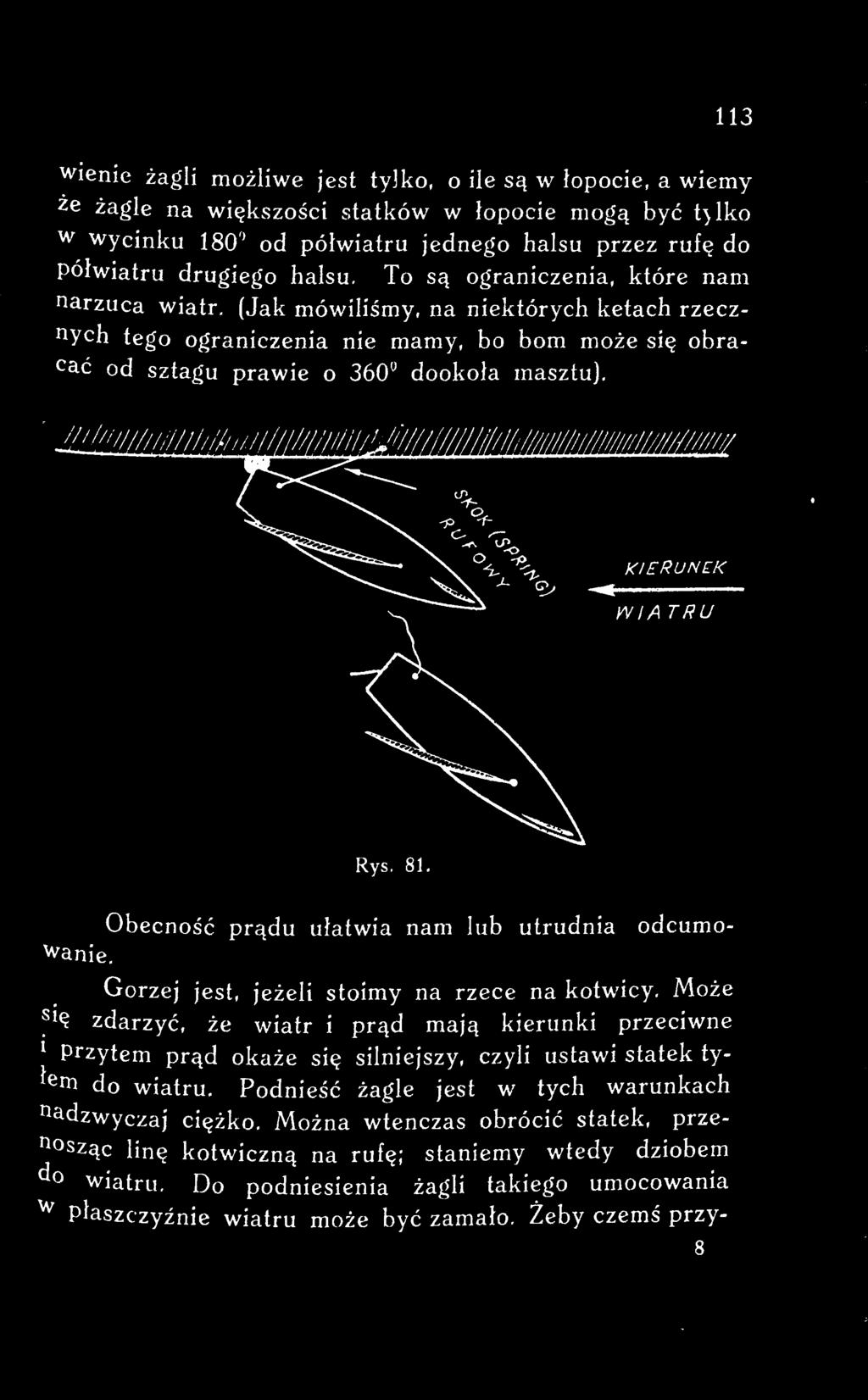 Może ~ię zdarzyć, że wiatr i prąd mają kierunki przeciwne 1 Przytem prąd okaże się silniejszy, czyli ustawi statek tyłem do wiatru.