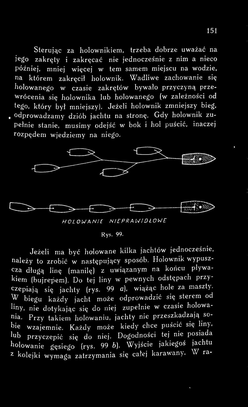 Holownik wypuszcza długą linę (manilę) z uwiązanym na końcu pływa Idem (bujrepem). Do tej liny w pewnych odstępach przyczepiają się jachty (rys. 99 a). wiążąc hole za maszty.